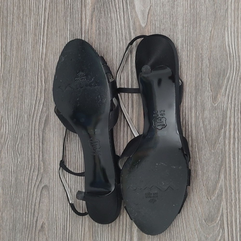 NINA Leather Soles Black Satin Strappy Heels Sandals Shiny Studs  7.5 Heel 2.5" - Picture 11 of 14